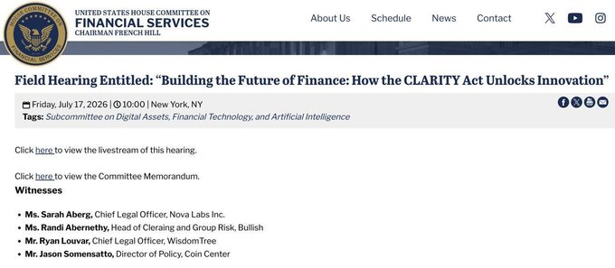 space2402's tweet photo. JUST IN: 🇺🇸 Tomorrow, July 17, the US House Financial Services Committee will hold a field hearing on how the CLARITY Act can drive financial innovation. https://t.co/frvgCKulli