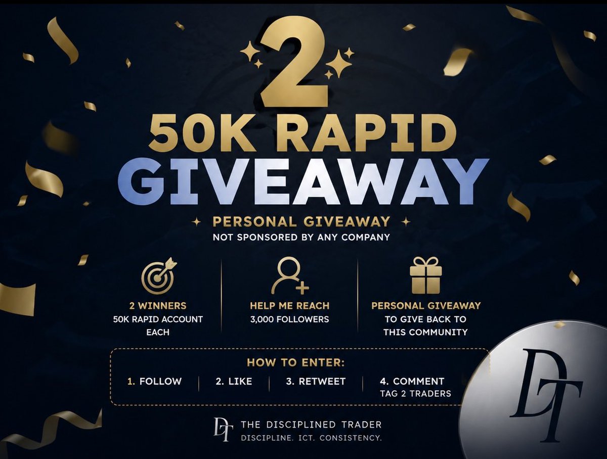 DisciplinedICT's tweet photo. 🎉 2 × $50K RAPID Account Giveaway!

Personal giveaway to reach  3,000 followers — not sponsored by @MyFundedFutures .

To enter:
✅ Follow @DisciplinedICT
❤️ Like
🔁 Repost
💬 Tag 2 traders

Good luck! 🚀 https://t.co/wjFFnovZVJ