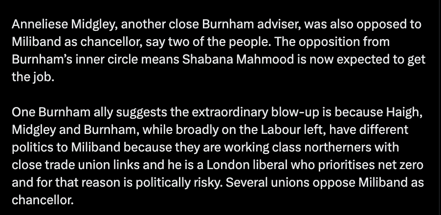 owenjonesjourno's tweet photo. Where to even begin with these Labour briefings!

1) Louise Haigh is not working class.

I get that she has a Northern accent, but she is the privately educated daughter of a solicitor.

2) Blocking Ed Miliband from becoming Chancellor because of net zero during rolling heatwaves is a sign of abject political bankruptcy.

3) All of this indicates that Andy Burnham doesn't have any clear sense of what he wants to do with power.

We've seen that film before, and we know how it ends.

4) The fact that there is all this chaotic briefing and counter-briefing already is a very bad sign indeed.

It's itself a sign of a lack of central direction.

5) Shabana Mahmood as Chancellor just means the Treasury running economic policy, and the government sticking to the same agenda as before.