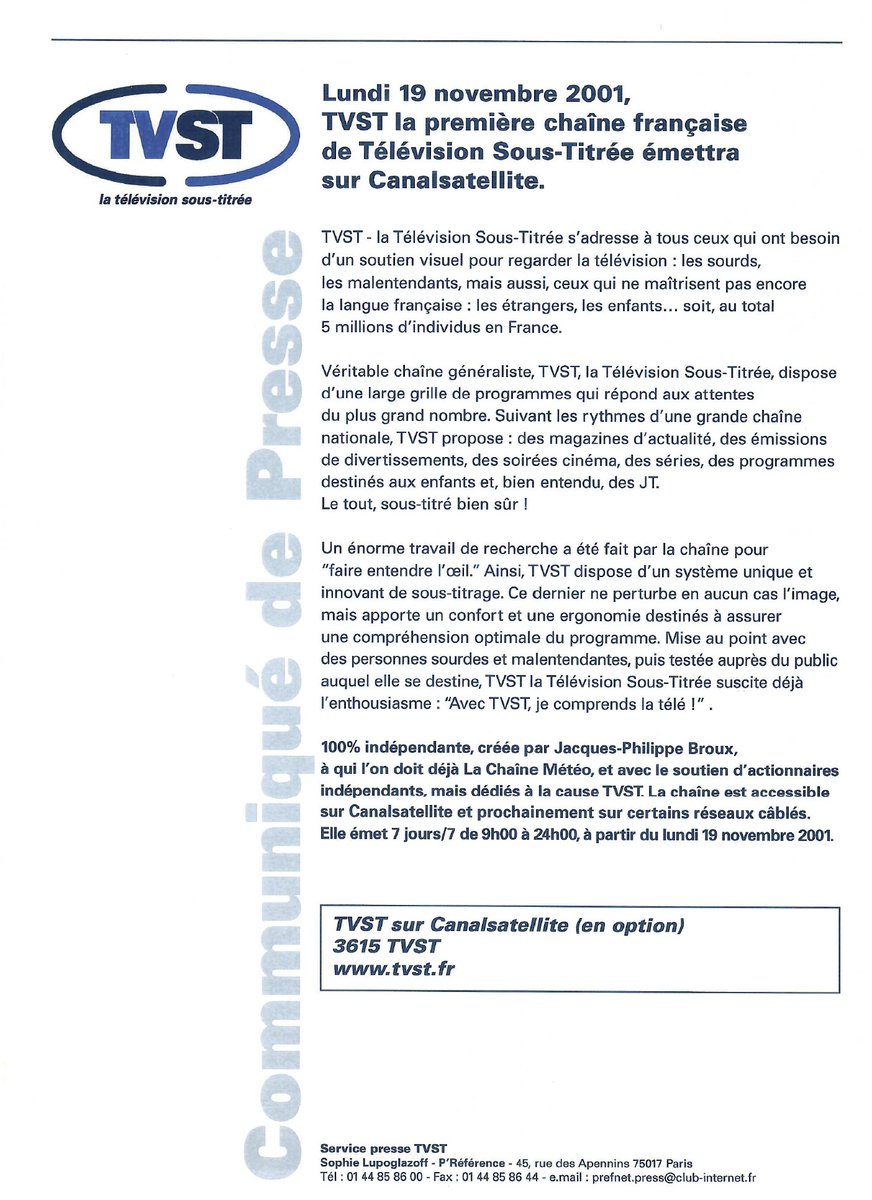 fellague's tweet photo. Focus sur une chaîne qui n'aura pas vécu bien longtemps... avec quelques extraits de son dossier de presse datant de 2001.
#TV #Soustitres #TVST #Canalsat #NCNumericable #CanalPlus #OTT #Satellite #DTH #Cable #France #Subtitles #Handicap
(c) visuels TVST https://t.co/95WCnwGLNj