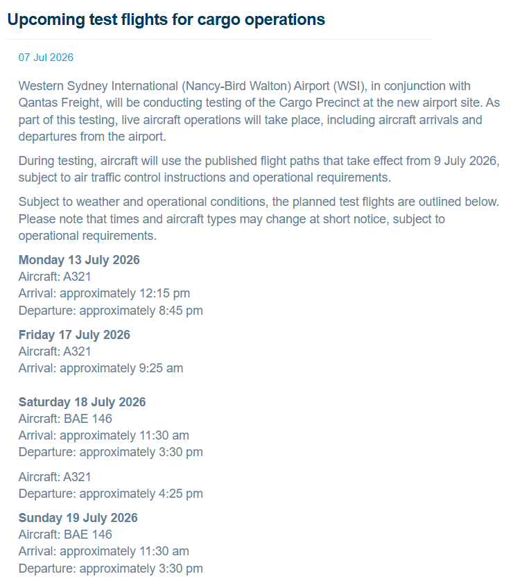 sydwestagribus's tweet photo. These are @AirservicesNews website details for tomorrow's Cargo test flight at Western Sydney International Airport.
Arrival at 9.25am
Does anyone know of any differing details? Please share.
#WSI https://t.co/42nGRXGPTm