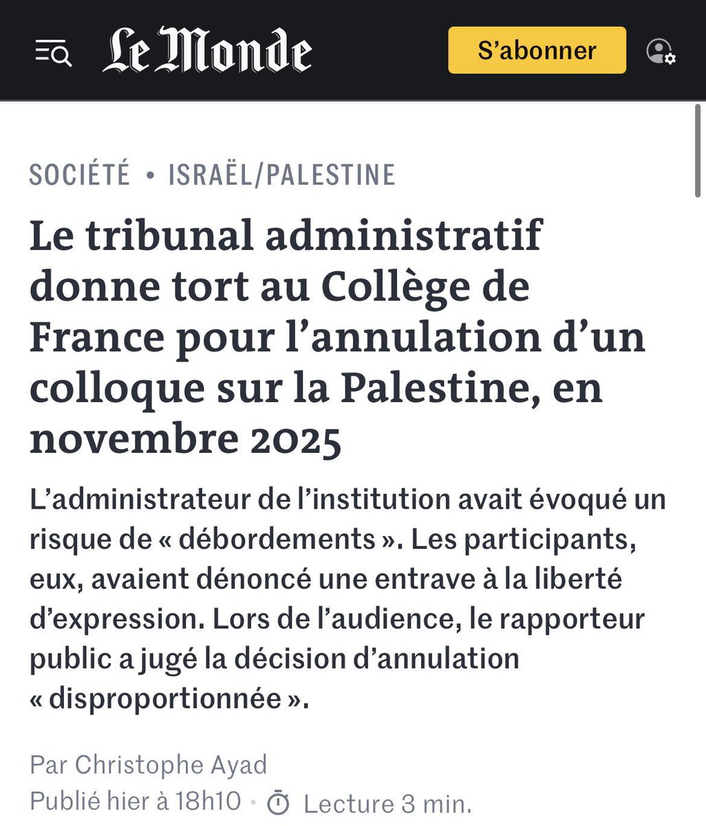 Chronikfr's tweet photo. ⭕️ Bref, sous la pression de pro-israeliens, le Collège de France et le gouvernement ont porté atteinte à la liberté academique et à notre vie démocratique. https://t.co/UZVMDzFr7x
