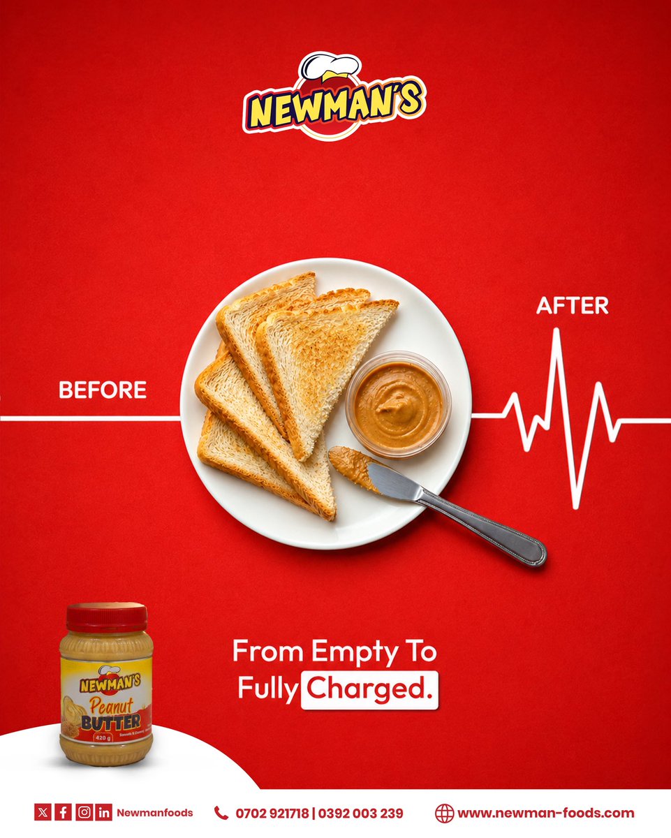 newmanfoodsltd's tweet photo. That slice of bread deserves better. ๐
Spread on the magic of Newmanโs Peanut Butter and turn breakfast, lunch, or your in-between snack into a delicious, energy-filled moment. Plant-based goodness has never tasted this good.
#NewmansSnacks #SpreadTheGoodness #UgandaFood #SnackSmart #SupportLocalUG