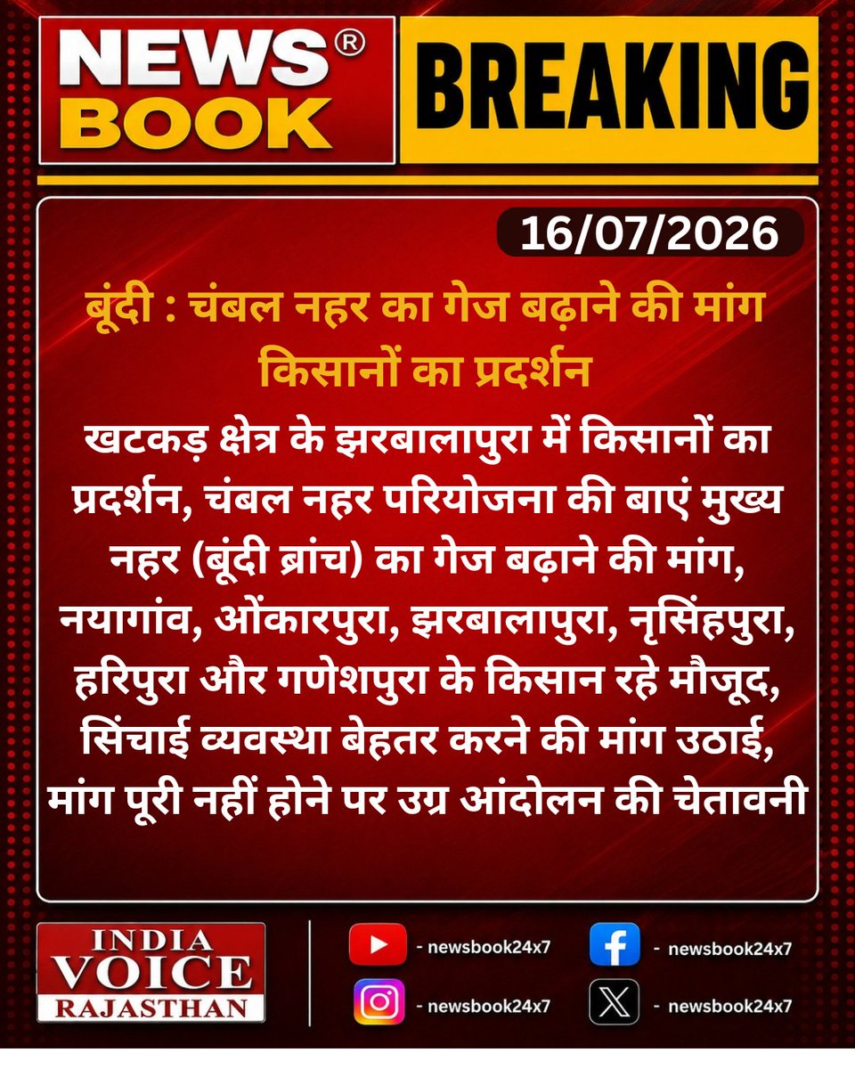 newsbook24x7's tweet photo. #Bundi : चंबल नहर का गेज बढ़ाने की मांग, किसानों का प्रदर्शन...
#NewsBook24x7 #IndiaVoiceRajasthan #Farmers #ChambalCanal #RajasthanNews #BreakingNews @DmBundii @RajCMO https://t.co/sv0ajPeFBa