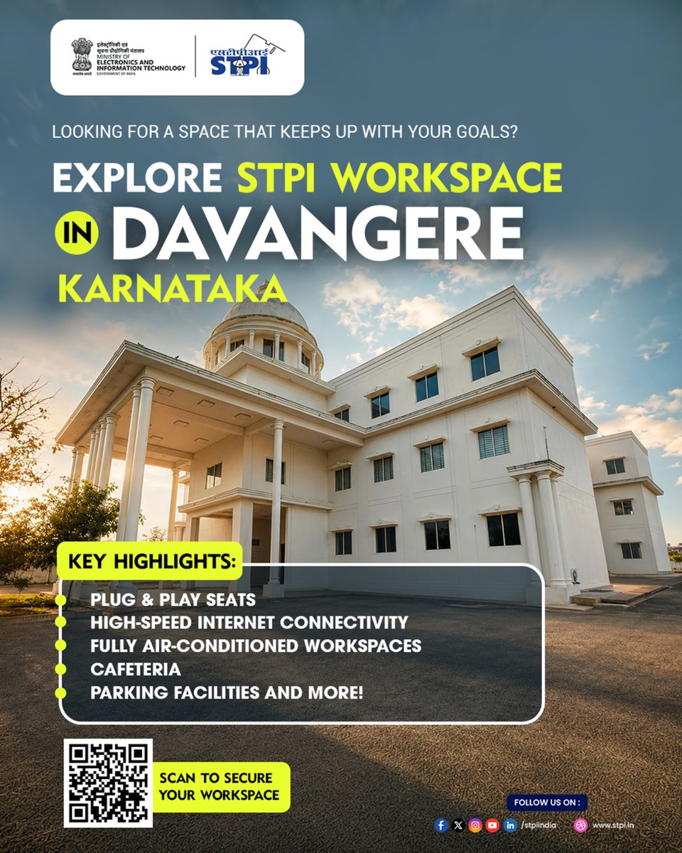 stpiindia's tweet photo. From a thriving commercial centre to a growing innovation ecosystem, Davangere is where businesses are finding new opportunities to grow. 📈

Discover STPI Workspace in Davangere, a modern workspace designed for startups, entrepreneurs, and growing businesses looking for flexibility, connectivity, and a professional setting to thrive.

Here's what awaits you:
✔️ Plug & play seats
✔️ High-speed internet connectivity
✔️ Fully air-conditioned workspaces
✔️ Cafeteria facilities
✔️ Parking facilities and more!

📍 Limited workspaces available in Davangere.

➡️ Apply now: https://t.co/Lma8FwNd0l

#STPI #Davangere #Karnataka #Workspaces #StartupIndia #OfficeSpace #Innovation #Entrepreneurship #BusinessGrowth #ProfessionalSpaces #StartupEcosystem  

@GoI_MeitY @AshwiniVaishnaw @JitinPrasada @SecretaryMEITY @arvindtw @_DigitalIndia @NeGD_GoI @CMofKarnataka @DKShivakumar @DrParameshwara @karnatakadem @DPIITGoI @KarnatakaVarthe
