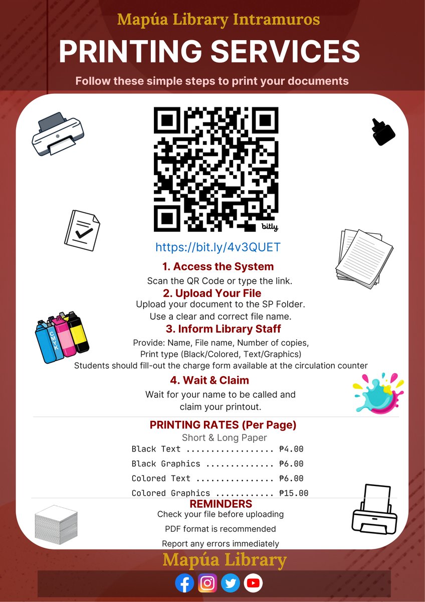 Mapua_Library's tweet photo. 📢 PRINTING SERVICES AVAILABLE AT MAPÚA LIBRARY! 🖨️✨
The Mapúa Library Intramuros is here to provide quick and quality printing for your school requirements. 
Visit the Mapúa Library and enjoy fast, reliable, and convenient printing services. ✅📄 https://t.co/c1VhDCjJAZ
