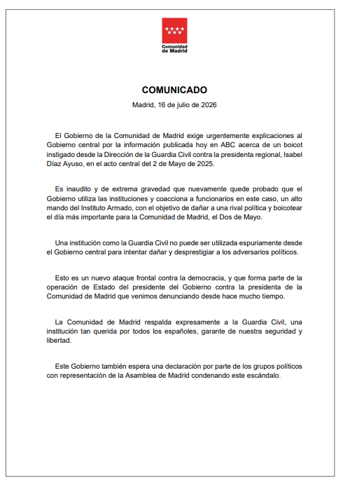 ppmadrid's tweet photo. 🔴COMUNICADO OFICIAL DE LA @ComunidadMadrid:

Una institución como la Guardia Civil no puede ser utilizada espuriamente desde el Gobierno central para intentar dañar y desprestigiar a los adversarios políticos.

La Comunidad de Madrid respalda expresamente a la Guardia Civil. https://t.co/AyAf3bKMh9