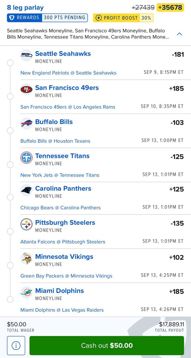 DGoatparlays's tweet photo. 8 legs.
$50 pays $17,000.

These are the BEST matchups in Week 1.

You ready? 🏈
@Playbook https://t.co/8mmbRWjDQB