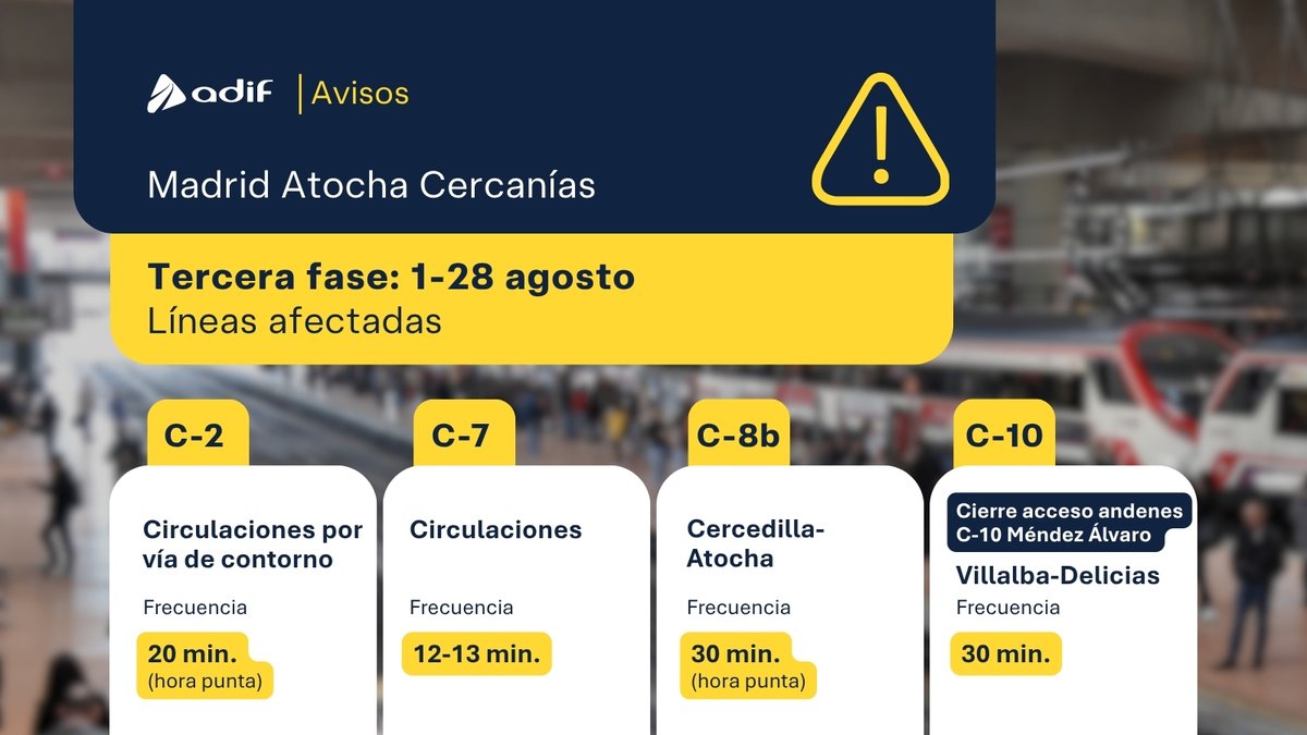 Adif_es's tweet photo. 🚧👷 ¡Recuerda! Este viernes comenzamos la fase clave de los trabajos para implantar un nuevo esquema de vías en #Atocha Cercanías.

🔎 Consulta las modificaciones del servicio y las líneas afectadas: https://t.co/8S5hQTtzjr