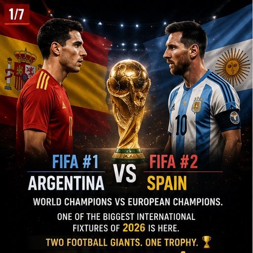 what_nameNow's tweet photo. 1/7

🚨 FIFA #1 🇦🇷 vs FIFA #2 🇪🇸. World champions vs European champions.

One of the biggest international fixtures of 2026 is here. Two football giants. One trophy. 🏆

Here’s how I see it… 🧵👇 https://t.co/wXNgNEIoag
