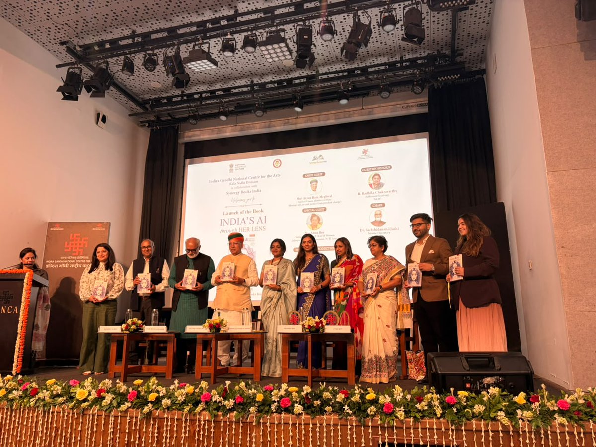 tqh_policy's tweet photo. The Quantum Hub (TQH) was honored to support the launch of ‘India's AI Through Her Lens’ a book by Ms. Nimisha Jha last week. Nimisha Jha brings over 14 years of experience in governance, public administration, and policy design to India's AI Through Her Lens, offering a timely perspective on building an inclusive and accountable AI ecosystem. The book’s focus is in line with TQH’s continued efforts under the Women in Digital Economy Network (WiDEN) to cast a gender lens to India’s digital story.

Presented by the Indira Gandhi National Centre for the Arts (@IGNCA), Kala Nidhi Division, and Synergy Books India, the discussion centered on the urgent need for policy-driven frameworks that ensure AI systems remain inclusive, equitable, and accountable.

We thank the esteemed dignitaries- Shri Arjun Ram Meghwal  (Hon'ble Union Minister of State for Law & Justice), Smt. Savitri Thakur (Hon'ble Union Minister of State for Women & Child Development), Ms. Anna Roy (Senior Advisor, NITI Aayog), Dr. Sachchidanand Joshi (Member Secretary, IGNCA), and Prof. (Dr.) Ramesh C. Gaur (Dean, IGNCA) - for sharing their insights on steering technology toward a fair and representative future.

Thank you to everyone from the policy, tech, and development sectors who joined the conversation.

#PublicPolicy #TechGovernance #ResponsibleAI #WomenInLeadership #TheQuantumHub