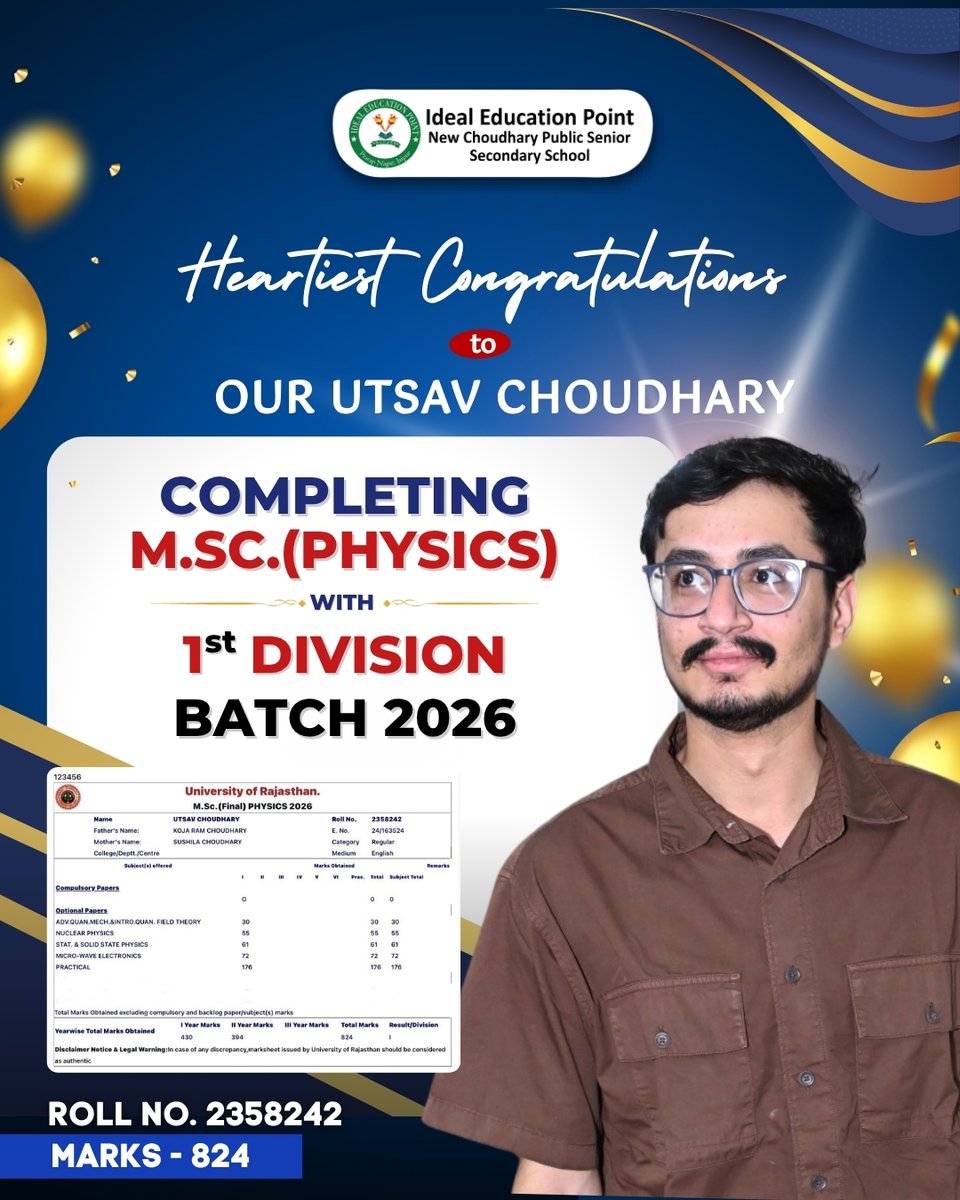 IdealChoudhary's tweet photo. Heartiest Congratulations to Utsav Choudhary on successfully completing https://t.co/AOBVTDLRfW. (Physics) with First Division from the University of Rajasthan.

Ideal Education Point congratulates you on this wonderful milestone!

#IdealEducationPoint #ProudMoment #FirstDivision https://t.co/L9BPSFE7vg