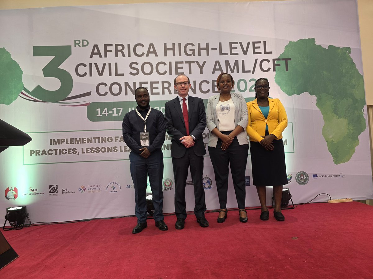 PBO_RA's tweet photo. The United Nations Special Rapporteur on the promotion and protection of human rights and fundamental freedoms while countering terrorism, Prof Ben Saul, is among the distinguished speakers along-side PBORA officers, at the 3rd Africa High-Level Civil Society Anti-Money Laundering/Countering the Financing of Terrorism Conference in Abuja, Nigeria. The Kenyan delegation, including the Authority's Ms Bernadette Nzomo, Zilpah Angwenyi and Eric Muthomi had an opportunity to engage Prof Saul (Middle) at the conference. ^MN