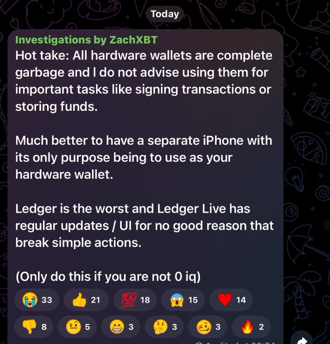 Warren_cn's tweet photo. I don’t agree that #hardware #wallets are unsuitable for storing large amounts of #crypto. 

What matters is which wallet you choose and how you use it.
#KeyPal 2 features a CC EAL6+ secure element and a high-performance MCU, with private keys generated using true randomness. 

It also supports multisig through #TokenPocket, Passphrase protection, and encrypted NFC backup of your recovery phrase to a #KeyPal Card.

A dedicated iPhone may be one option, but that doesn’t invalidate the value of a purpose-built hardware wallet. 
Security is never about a single device—it’s about the complete system: secure chips, software, transaction verification, and backup mechanisms.

With security features this comprehensive, don’t you think #KeyPal 2 deserves a closer look?
@zachxbt