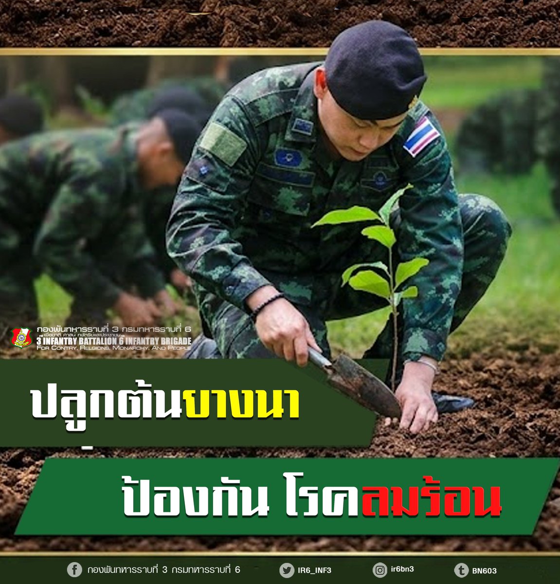 IR6_INF3's tweet photo. "ปลูกต้นไม้ยืนต้น ลดโลกร้อน"
ผู้บังคับกองพันทหารราบที่ 3 กรมทหารราบที่ 6 พร้อมด้วยกำลังพลของหน่วย ดำเนินการจัดโครงการปลูกต้นยางนา "ต้นไม้ยืนต้น" ในพื้นที่สนามฝึกของหน่วย เพื่อลดภาวะอากาศร้อน/สาเหตุการเกิดโรคลมร้อนจากอุณภูมิสูงในพื้นที่ โดยดำเนินการปลูก จำนวน 50 ต้น https://t.co/aKwNmafjTE