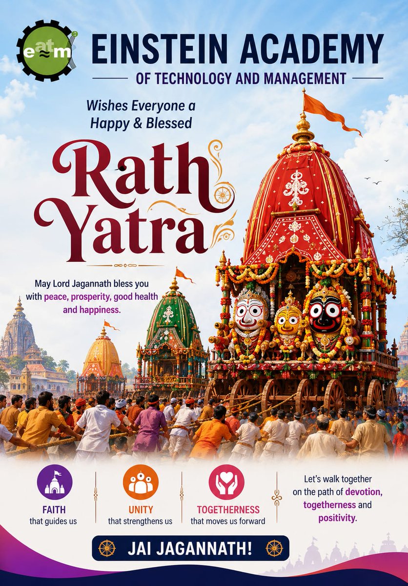 EgiEinstein's tweet photo. 🚩 Happy #RathaYatra!

Warm wishes from Einstein Academy of Technology &amp; Management (EATM).

May Lord Jagannath bless everyone with peace, joy, and success.

🙏 #JaiJagannath #EATM https://t.co/eJnGRhpDt9