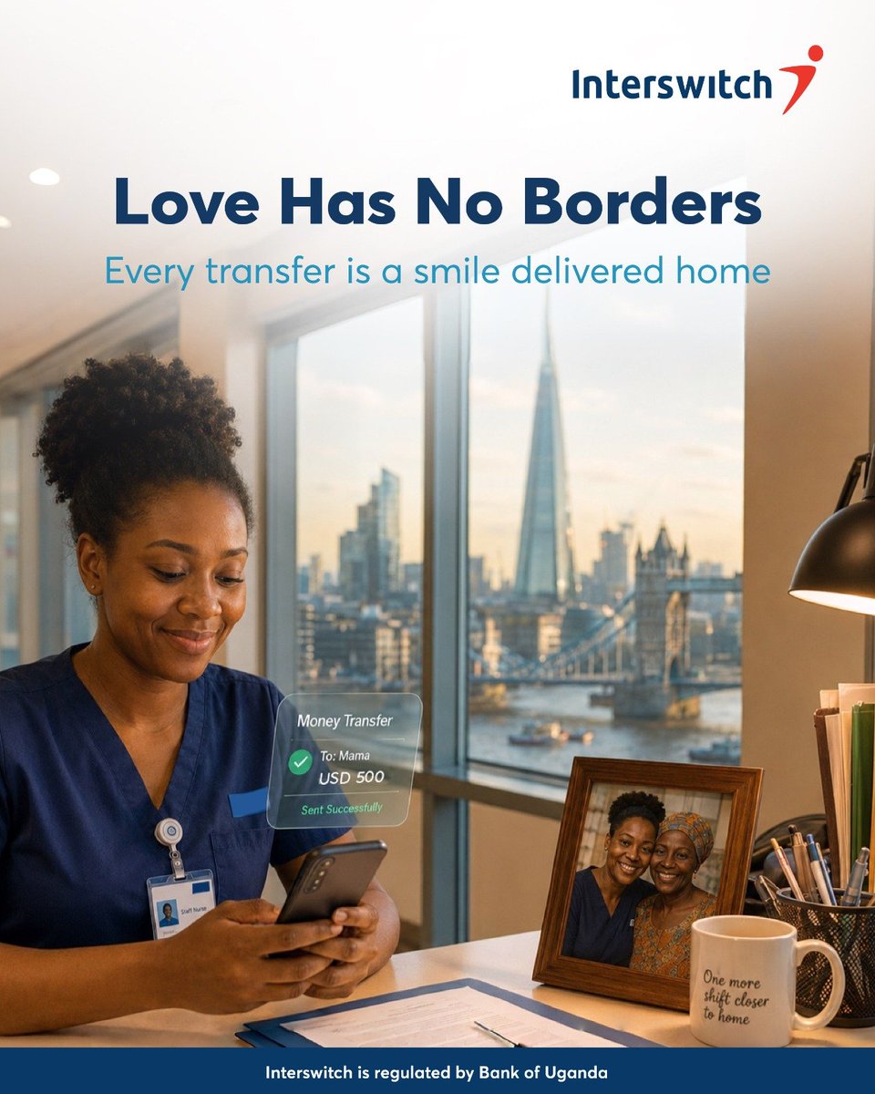 interswitchug's tweet photo. Somewhere right now, a Ugandan nurse is working far from home and sending money back to the people who matter most. 

At @interswitchug, we exist to make sure that money arrives quickly and securely. 

That's our commitment. Every transfer. Every family. Every mile. 

Behind every remittance transaction is a story. It is a pleasure to connect lives and to send love across the world. 
#Interswitch #Remittances #ConnectingFamilies