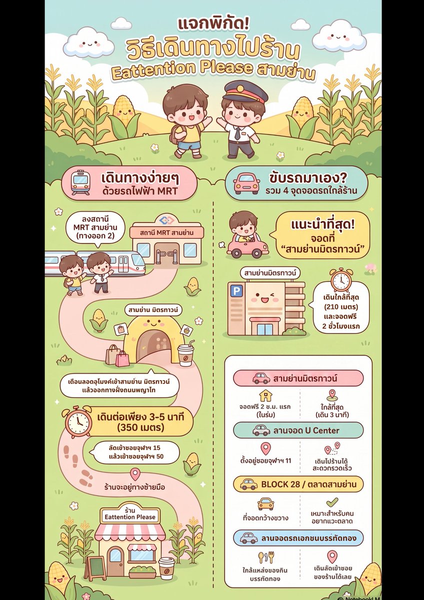 thaicornfield99's tweet photo. วิธีการเดินทางมายังร้าน Eattention Please  สามย่าน @EattentionP
(ซอยจุฬาลงกรณ์ 50)  มีดังนี้:

🚇 1. เดินทางด้วยรถไฟฟ้า MRT (สะดวกและแนะนำที่สุด)
สถานี: ลงที่สถานี MRT สามย่าน
ทางออก: ใช้ ทางออก 2 ซึ่งจะเป็นอุโมงค์ทางเชื่อมเข้าสู่ศูนย์การค้าสามย่านมิตรทาวน์
วิธีเดินไปร้าน: เดินทะลุศูนย์การค้าสามย่านมิตรทาวน์ออกมาฝั่งถนนพญาไท หรือลัดเลาะทางซอยจุฬาฯ 15 แล้วเลี้ยวเข้า ซอยจุฬาลงกรณ์ 50
ระยะทาง/เวลา: เดินตรงไปอีกแค่ประมาณ 350 เมตร (ใช้เวลาเดินชิลๆ 3-5 นาที) ร้านจะตั้งอยู่ทางซ้ายมือค่า

🚗 2. เดินทางโดยรถยนต์ส่วนตัว (พร้อมจุดจอดรถ)
เส้นทางหลักสามารถเข้าได้ทั้งจากฝั่งถนนพระราม 4, ถนนพญาไท หรือถนนบรรทัดทอง เพื่อมุ่งหน้าเข้ามายังพื้นที่ซอยจุฬาฯ 50 โดยสามารถเลือกจุดจอดรถใกล้เคียงได้ดังนี้:

จุดที่ 1: สามย่านมิตรทาวน์ (แนะนำที่สุด ⭐)
จุดเด่น: เดินไปร้านใกล้มากที่สุด (ประมาณ 210 เมตร หรือ 3 นาที) ที่จอดรถในร่ม ปลอดภัย
ค่าจอด: จอดฟรี 2 ชั่วโมงแรก (หากซื้อของหรือทานอาหารในห้าง นำใบเสร็จไปสแตมป์เพิ่มเวลาจอดฟรีได้)

จุดที่ 2: ลานจอดรถ U Center (ซอยจุฬาฯ 11)
จุดเด่น: อยู่ใกล้ซอย 50 มากเช่นกัน จอดรถทิ้งไว้แล้วเดินไปร้านได้สะดวกรวดเร็ว
ค่าจอด: อัตราค่าบริการตามมาตรฐานพื้นที่ของจุฬาฯ

จุดที่ 3: ลานจอดรถ BLOCK 28 / ตลาดสามย่าน (ซอยจุฬาฯ 34)
จุดเด่น: ลานจอดรถกว้างขวาง เหมาะมากหากคุณต้องการแวะหาของทานที่ตลาดสามย่านก่อนหรือหลังไปคาเฟ่ (แต่จะเดินไปร้านไกลกว่า 2 จุดแรกเล็กน้อย)
ค่าจอด: อัตราค่าบริการตามมาตรฐานพื้นที่ของจุฬาฯ

จุดที่ 4: ลานจอดรถเอกชนฝั่งถนนบรรทัดทอง
จุดเด่น: เหมาะสำหรับคนที่ขับรถมาทางเส้นบรรทัดทองและตั้งใจจะไปตระเวนหาของกินย่านนั้นต่อ สามารถจอดแล้วเดินลัดเข้ามาในซอยคาเฟ่ได้เลยค่า

#TianZiSweetJourney #ThaiSweetCornfield 
#เถียนจื่อ #TianZiyu #tianzi