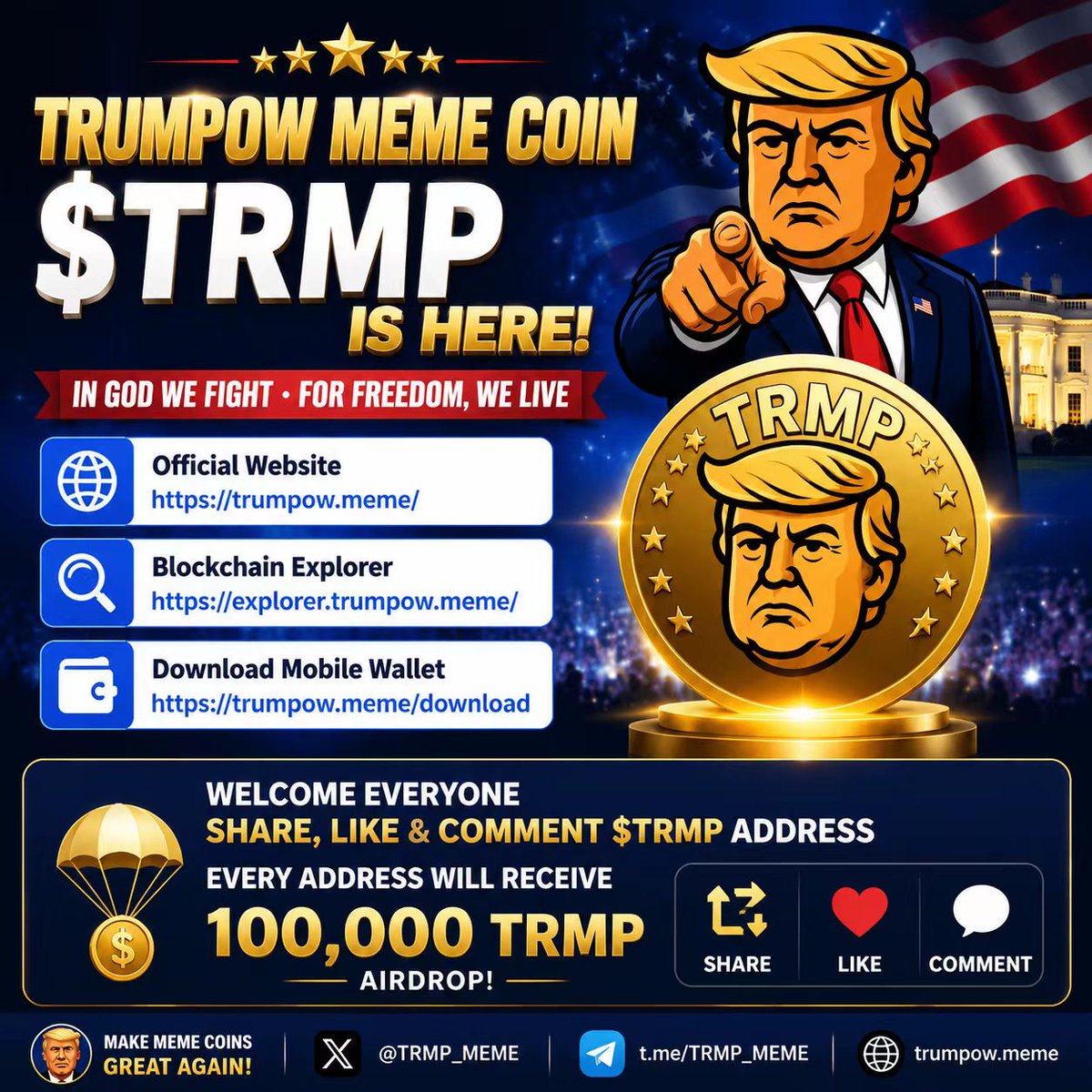 TrumPow_TRMP's tweet photo. The Trump Culture Coin, $TRMP, is here!
Official website: https://t.co/M8opBVxd4c
Browser:https://t.co/4SOaVt23yK
Feel free to share, like, and comment on the $TRMP address. Each address will receive 100,000 TRMP tokens as a token of appreciation. https://t.co/dw32YY0UuC