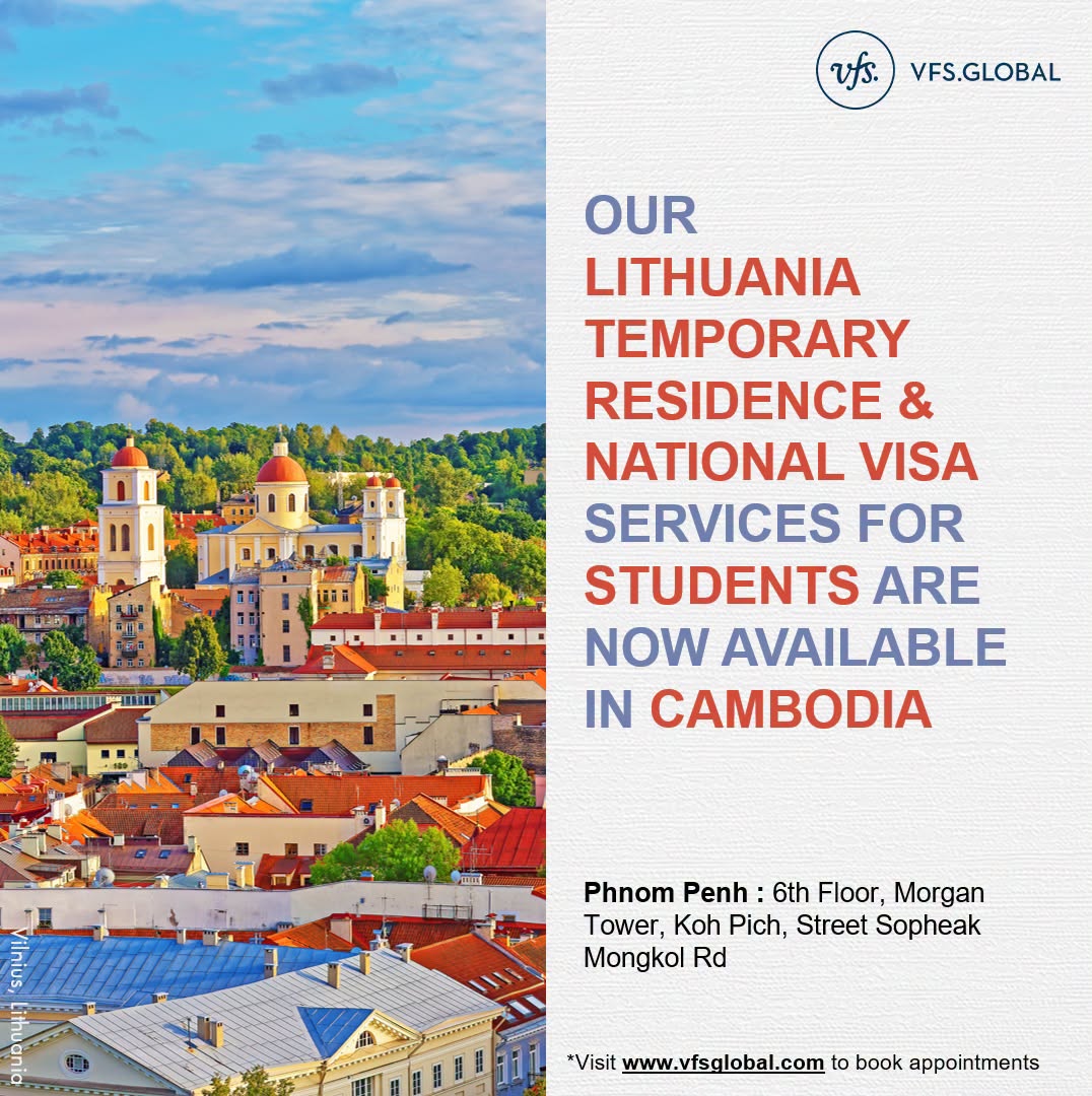 VFSGlobal's tweet photo. Starting 16 July 2026, students in Cambodia planning to apply for Lithuania Temporary Residence and National Visa can visit our conveniently located and comfortable centre in Phnom Penh to submit their applications with ease, by booking a prior appointment online.

Address: 6th Floor, Morgan Tower, Koh Pich, Street Sopheak Mongkol Rd, Phnom Penh 120101, Cambodia
Business hours: from 08:00 to 16:00
Working day: on Wednesdays

For more information or to book appointments, please visit https://t.co/osmYZSZZNn.