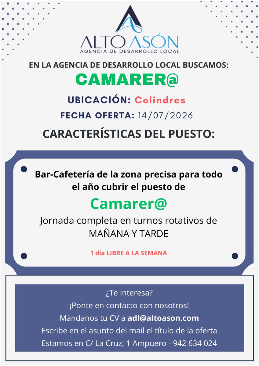 RamalesInforma's tweet photo. 🧾 Ofertas de Empleo de la Agencia de Desarrollo Local Alto Asón.
#OfertaDeTrabajo #OfertaEmpleo #ADL

+Info 👉  ADL Alto Asón https://t.co/AKNIUKwAUl