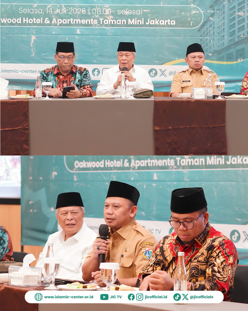 JICOfficials's tweet photo. Pusat Pengkajian dan Pengembangan Islam Jakarta (PPIJ) atau Jakarta Islamic Centre (JIC) menggelar Rapat Kerja Koordinasi Dewan Pengarah dan Pegawai pada Selasa (14/7/2026). Rapat koordinasi dipimpin oleh Kepala Pusat PPIJ (JIC), KH. Muhyiddin Ishaq, dan dihadiri oleh jajaran Kepala Divisi di lingkungan Jakarta Islamic Centre. Turut hadir mewakili Sekretaris Daerah Provinsi DKI Jakarta, H. Tatang, Kepala Bagian Mental Spiritual Biro Dikmental Provinsi DKI Jakarta.
Dalam sambutannya, H. Tatang menyampaikan dukungan Pemerintah Provinsi DKI Jakarta terhadap berbagai program unggulan dan inovatif yang dijalankan Jakarta Islamic Centre. Menurutnya, meskipun saat ini terdapat tantangan berupa efisiensi anggaran, JIC diharapkan tetap mampu menjaga eksistensi dan terus menghadirkan manfaat nyata bagi masyarakat.
Rangkaian rapat juga diisi dengan sesi sumbang saran dari Dewan Pengarah sebagai bagian dari upaya memperkuat arah pengembangan lembaga. JIC dipercaya menjadi penyelenggara Haul Ulama Jakarta Tahun 2027 serta akan terlibat dalam penyelenggaraan Musabaqah Tilawatil Quran (MTQ) Nasional yang bertepatan dengan peringatan lima abad Kota Jakarta. Kepercayaan tersebut menjadi bentuk pengakuan atas kapasitas Jakarta Islamic Centre sebagai pusat kegiatan keislaman di ibu kota.
Rapat kerja koordinasi ditutup dengan pemaparan capaian program kerja Tahun Anggaran 2026 Termin I (Januari–Juni) oleh seluruh divisi di lingkungan Jakarta Islamic Centre.