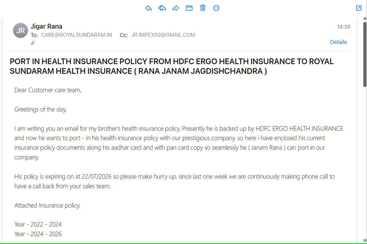 imJR88's tweet photo. Hello @royalsundaram,  need to port the HEALTH INSURANCE Policy from @HDFCERGOGIC &amp; have sent you an email. so kindly look it at once. 

hence requesting you please give me a call back and i am sending you the contact number in DM to have a call back. https://t.co/YpPuJhk5gv