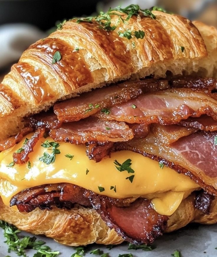 NThanh86518's tweet photo. A buttery croissant stacked with layers of smoky bacon, melted cheese, and a sprinkle of fresh herbs for a satisfying breakfast! 🥓🌿🧈🥛 https://t.co/6OdBWXY2i7