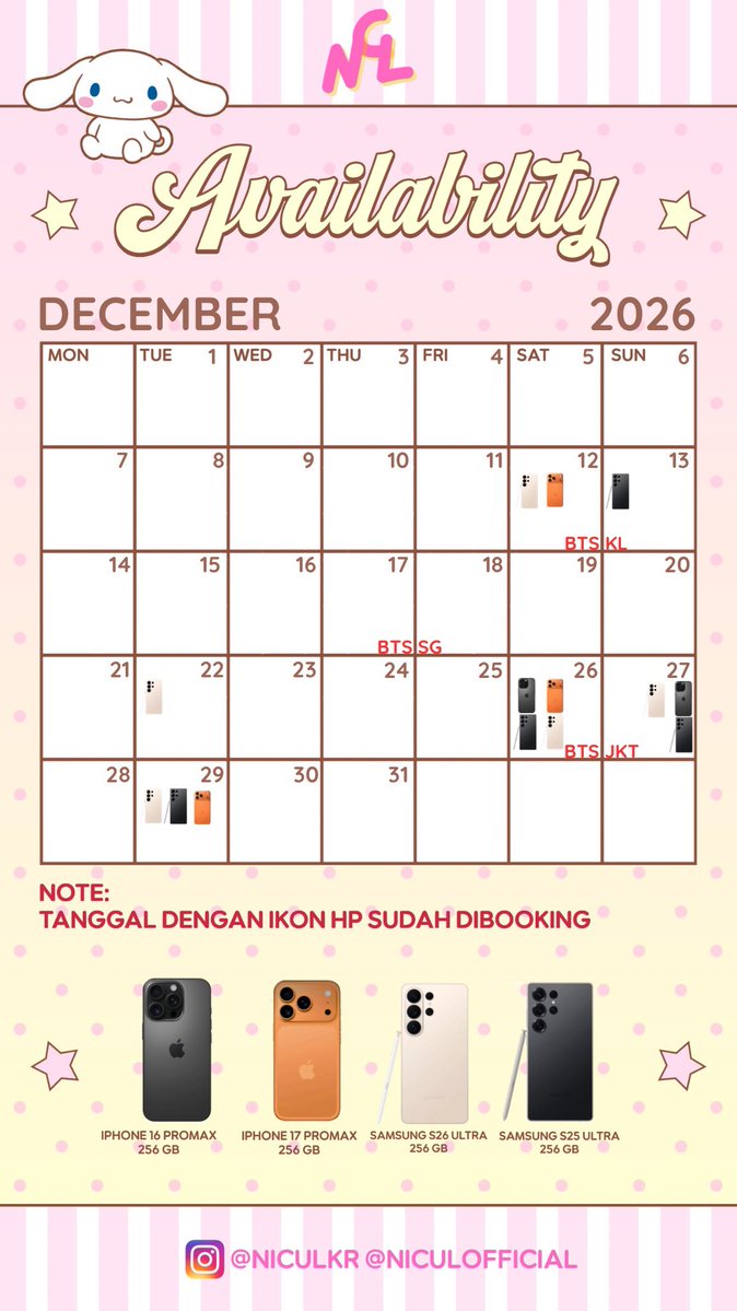 nicolerecyn's tweet photo. open rent for BTS ARIRANG WORLD TOUR KUALA LUMPUR MALAYSIA/ SINGAPORE/ JAKARTA

✅Samsung Galaxy S25U/ Samsung Galaxy S26U/ iPhone 16PM / iPhone 17 PM

‼️Check availability unit from the picture ‼️

📍cod venue

🏷️ wtr wts wtb konser concert sewa samsung iphone hp bts arirang world tour kuala lumpur malaysia singapore jakarta

‼️pls refer to previous pict ya for the availability additional unit‼️