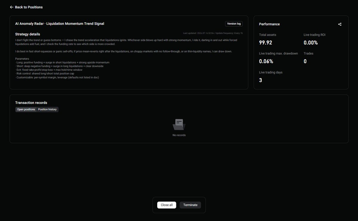 oxnagus's tweet photo. After three days of running this AI strategy, I've noticed that it still hasn't opened a single position.

Although the strategy parameters are clearly defined, my current assumption is that the bot has several underlying conditions that must be met before it can execute a trade. With so many filters in place, it's possible that very few market conditions actually satisfy its entry criteria.

Of course, that could also be by design. The strategy may simply be built to be extremely selective.

Over the next few days, that's exactly what I'll be evaluating:

Does a lower trade frequency translate into higher quality trades, or are the entry conditions so restrictive that the strategy struggles to participate in real market conditions?

At the end of the day, no market is perfect, and no setup wins every time, not even the highest conviction A+ setups. The goal is not to find perfect trades, but to identify a repeatable edge and execute it consistently over the long run.

Sometimes, the challenge is not avoiding bad trades. It is making sure you are not filtering out too many good ones.
