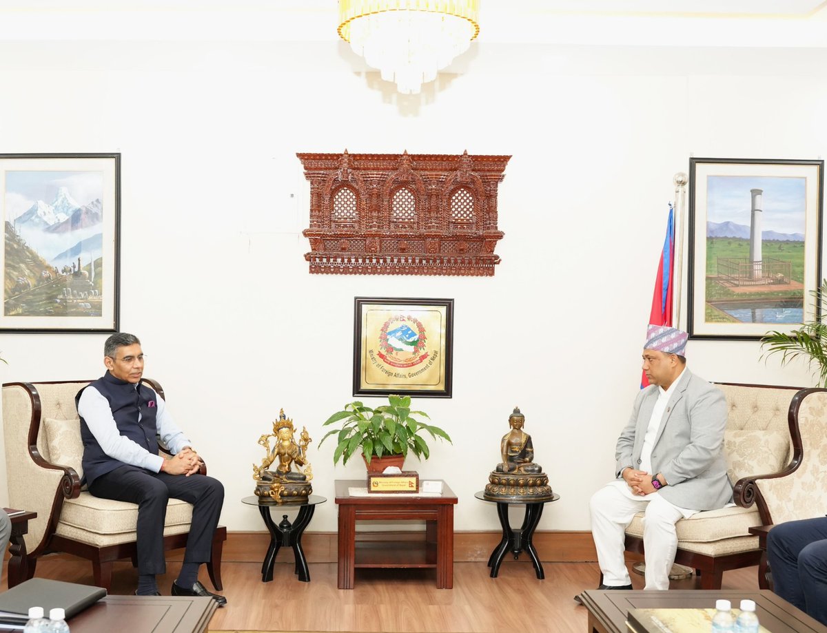 MofaNepal's tweet photo. Additional Secretary of the Ministry of External Affairs of India, H. E. Mr Munu Mahawar, paid a courtesy call on Hon. Foreign Minister Mr Shisir Khanal, at the Ministry today.

During the meeting, discussions were held on further strengthening the close and enduring ties between Nepal and India in areas of mutual interest.