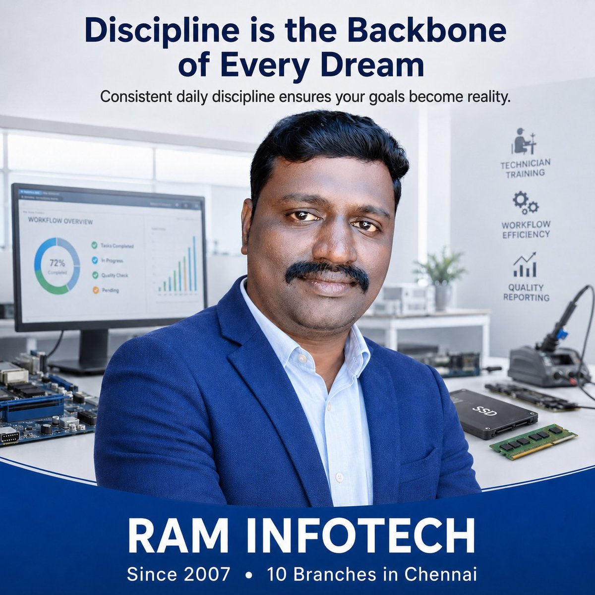 raminfotechmd's tweet photo. Discipline keeps a dream moving long after motivation fades. As a Director of RAM INFOTECH, I have learned that consistent effort, clear processes, and daily responsibility are what turn service quality into lasting customer trust.#Leadership #BusinessDiscipline  #RAMINFOTECH https://t.co/f9t94yPDyD