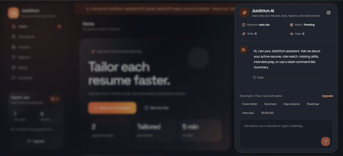 PAARTHJAIN7's tweet photo. 🚀 Land your next interview with JobStitch.

✨ Upload &amp; edit resumes (PDF, DOCX, LaTeX)
🤖 AI Resume Assistant for ATS review, skill gaps, roadmaps, cover letters &amp; interview prep
📊 Track your journey with a developer profile &amp; activity heatmap

Try it: https://t.co/Ru1qBwBCtG https://t.co/sv7jw2nIrj