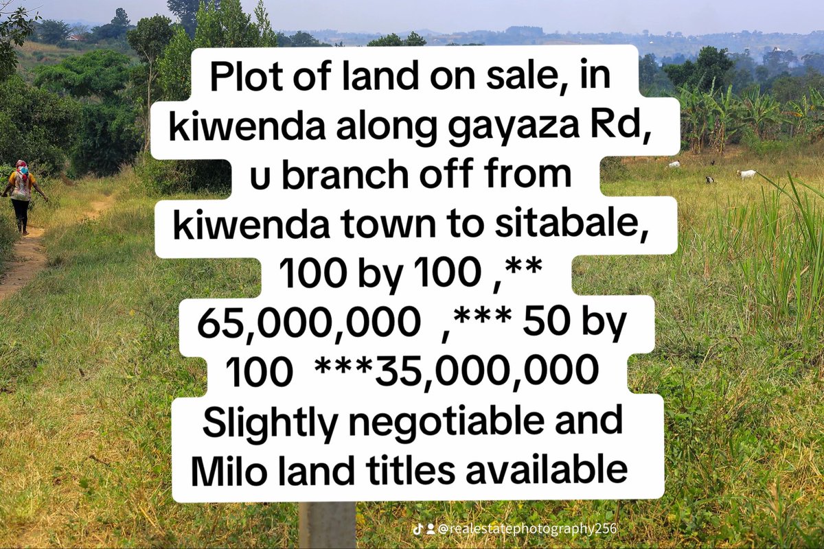 propertycase's tweet photo. @nbstv @MugenyiHenry_ Plot of land on sale, in kiwenda along gayaza Rd, u branch off from kiwenda town to sitabale, 100 by 100 for 65m  &amp; 50 by 100  for 35m slightly negotiable 
Call 0755668226
Milo land tittles available,, https://t.co/yh89zQgxzR