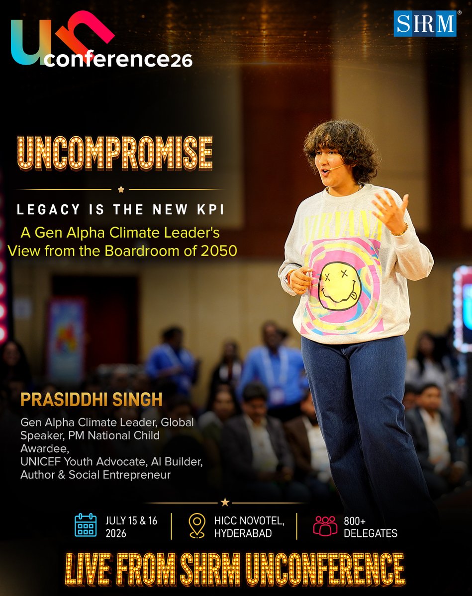 SHRMindia's tweet photo. The next generation isn't waiting for a seat at the table.
They're already shaping the conversation.

In UNCOMPROMISE, Prasiddhi Singh brought a bold Gen Alpha perspective that challenged leaders to look beyond immediate outcomes and think about the legacy their decisions will create.

What stayed with us:

• Think beyond the next quarter.
• Build with future generations in mind.
• Measure impact beyond metrics.

#SHRMUnConference #BlockbusterOfWork

@AchalKhanna1