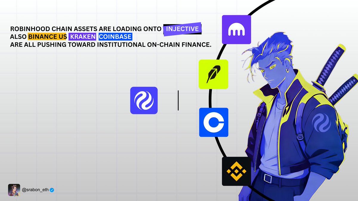 Srabon_eth's tweet photo. Everyone's watching memecoins pump and dump.
Meanwhile, the real story is unfolding quietly 
Robinhood's chain assets are loading onto @injective .
Binance US, Kraken, and Coinbase the biggest names in the game are all building toward the same thing.
Institutional on-chain finance.

Not hype. Not speculation. Actual infrastructure being laid down by the players who move real capital.
While retail chases green candles, institutions are quietly wiring themselves into the chain.
This is where the real money moves. And most people won't notice until it's already happened.

news credit goes to @BKBriefing