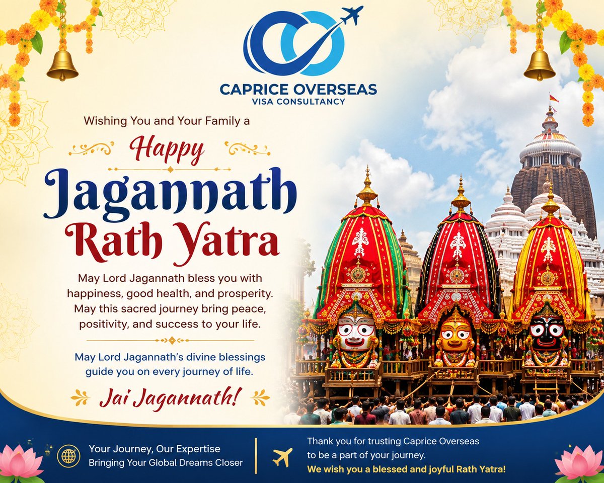 Capriceoverseas's tweet photo. 3 sacred chariots, one divine journey — Jai Jagannath! 
May Lord Jagannath's blessings guide you toward peace, prosperity, and new beginnings — just like Caprice 

#capriceoverseas #jagannathrathyatra #rathyatra2026 #jaijagannath #visaconsultancy #fyp #trending #2026viral https://t.co/XwbO9AUDlS