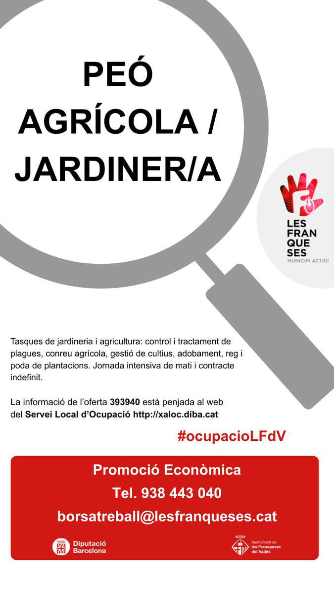 lesfranqueses's tweet photo. #LesFranqueses des d'#ocupacioLFdV ens arriben noves ofertes de feina:
👩‍🔧OPERARI/ÀRIA TÈXTIL
👩‍🔧PEÓ AGRÍCOLA/JARDINER/A
☎️938 443 040
📩borsatreball@lesfranqueses.cat
📲https://t.co/J1Mo0piEdj https://t.co/aflncEdJLl