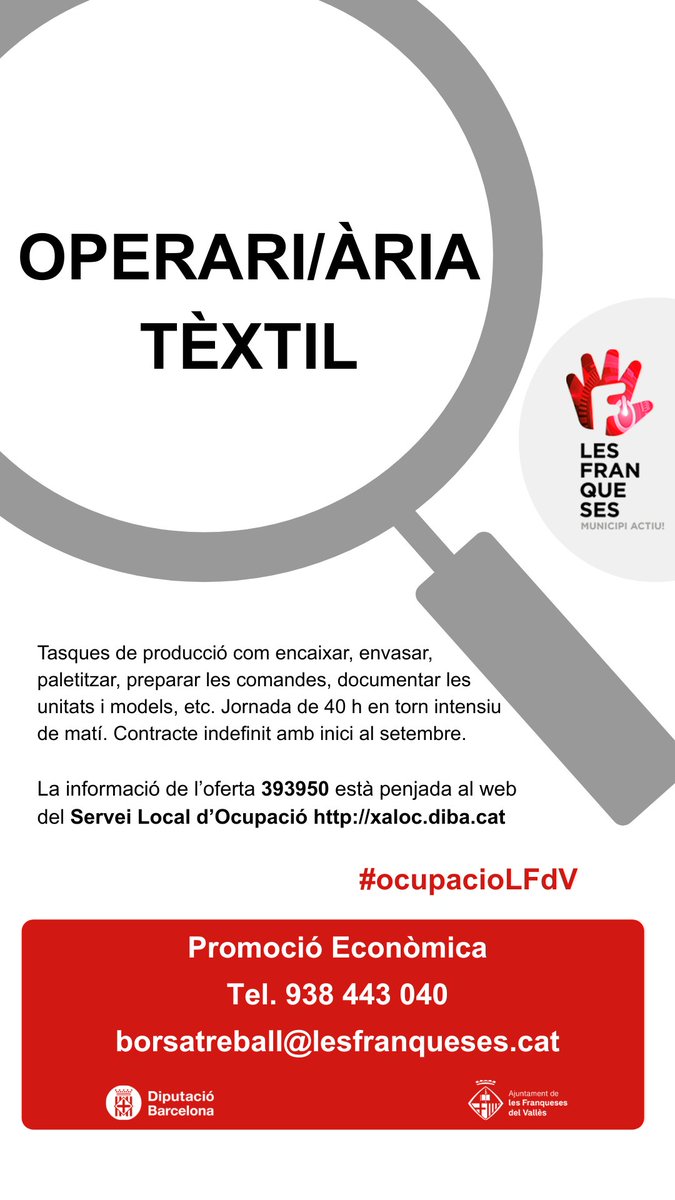 lesfranqueses's tweet photo. #LesFranqueses des d'#ocupacioLFdV ens arriben noves ofertes de feina:
👩‍🔧OPERARI/ÀRIA TÈXTIL
👩‍🔧PEÓ AGRÍCOLA/JARDINER/A
☎️938 443 040
📩borsatreball@lesfranqueses.cat
📲https://t.co/J1Mo0piEdj https://t.co/aflncEdJLl