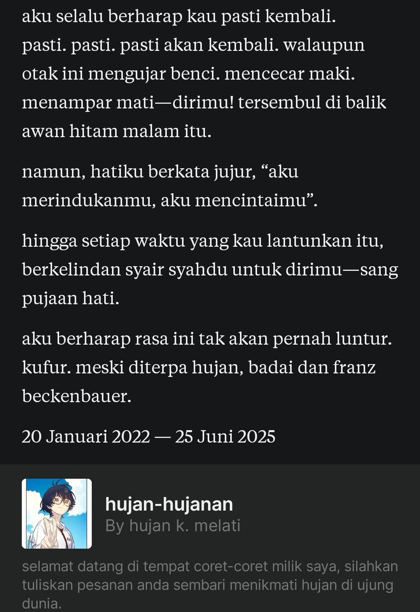 syachxn's tweet photo. [1Hari1Substack⛈️] #22

entah kena angin apa aku menulis nama Franz Beckenbauer di sana wkwk

Aku akan membagikan tulisan-tulisan lamaku di Substack ke X setiap harinya dan akan diselingi dengan tulisan baru juga, sesekali—sekian terima kasih 💖

☔ Day 22, “Melati”
https://t.co/4LkHLbmyfd