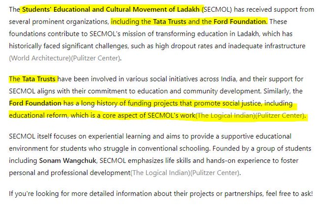 Starboy2079's tweet photo. His only work ex is activism

In 1988, he started Students Educational and Cultural Movement of Ladakh
In 1995 he started Operation new hope  

His all projects were funded by Ford Foundation, Tata Trust, Dan Church aid, Karuna trust  

He always received huge support from foreign orgs  Why ?