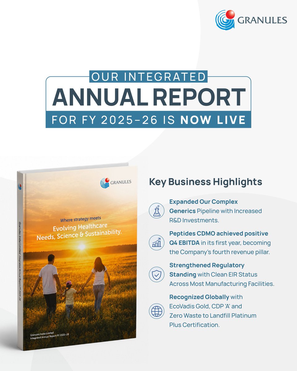 MyNameisPC's tweet photo. Our Integrated Annual Report FY26 is now live. 

Explore how Granules India is transforming into a science-led organization, driven by innovation, quality and responsible growth. 

Read the report: https://t.co/7P0xP8Mtrt https://t.co/iXrNnIVF0D