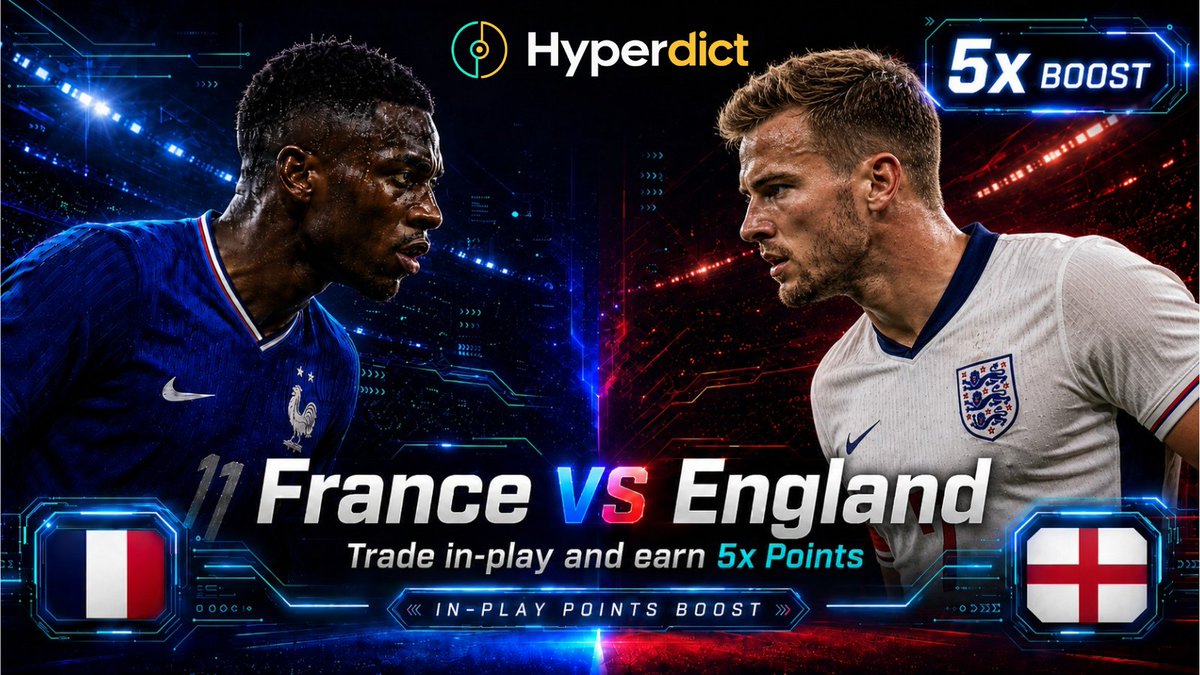HyperdictApp's tweet photo. 5x BOOST IS ACTIVE 🔥

France vs England kicks off soon.

Trade in-play and earn 5x Points on the 3rd Place Play-off. https://t.co/eZuxqZUQ1i