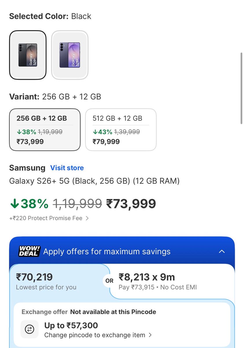 saaaanjjjuuu's tweet photo. Flagship Deal alert 🚨 
Samsung Galaxy S26 Plus (12/256GB) is available for ₹73,999:

Key specs:
• 6.7” 2K 120Hz Flat display
• Exynos 2600
• 50MP Main + 12MP UW + 10MP 3x tele
• 7 years of updates
• 4900mAh + 45W + 20W
• IP68, 7.3mm, 190g

With flipkart axis card its ₹70,219*.
This is the lowest price ever since the launch, deal spotted on Buyhatke. 

Ask your queries in the comments below.