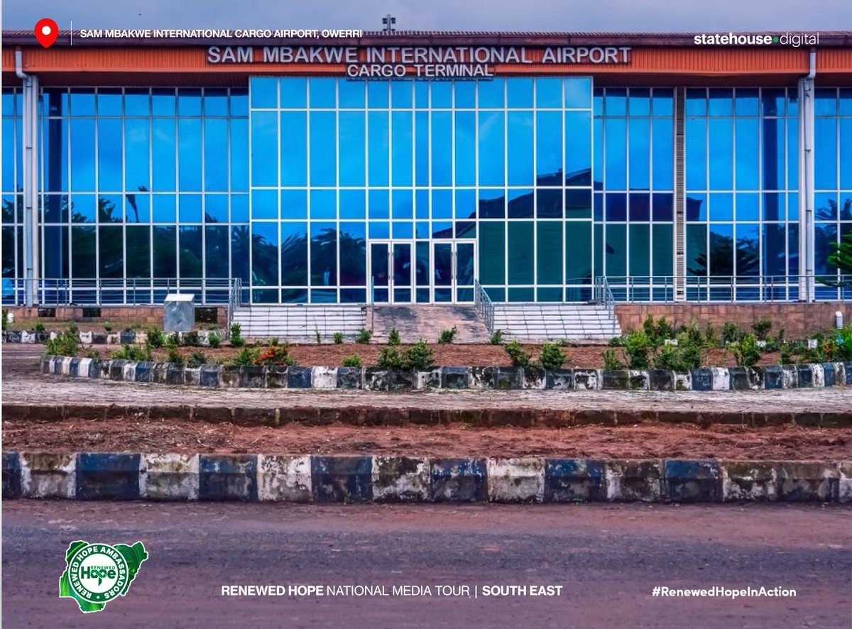NGRPresident's tweet photo. The Renewed Hope National Media Tour arrived in Imo State, continuing its mission to provide Nigerians with a first-hand view of transformative federal and state government projects across the South-East.

Led by the Renewed Hope Ambassadors in collaboration with the Presidential Communications Team, the delegation inspected strategic infrastructure across the state, including the ongoing upgrade of the Sam Mbakwe International Cargo Airport runway, a project that will enhance regional connectivity and support economic growth.

Speaking during the inspection, the Imo State Commissioner for Information, Public Orientation and Strategy, Mr. Declan Emelumba, said the projects were the dividends of the strong partnership between the Federal Government and the Imo State Government.

He noted that the expansion of the Sam Mbakwe International Cargo Airport is designed to transform the facility into a major logistics and export hub, with eight modern warehouses for storage and cargo handling expected to boost agricultural exports, commerce and investment in the South-East.

@Hope_Uzodimma1 

📍Renewed Hope National Media Tour | South East | Imo State

#RenewedHopeAgenda #PresidentTinubu #StateHouseDigital #RenewedHopeInAction