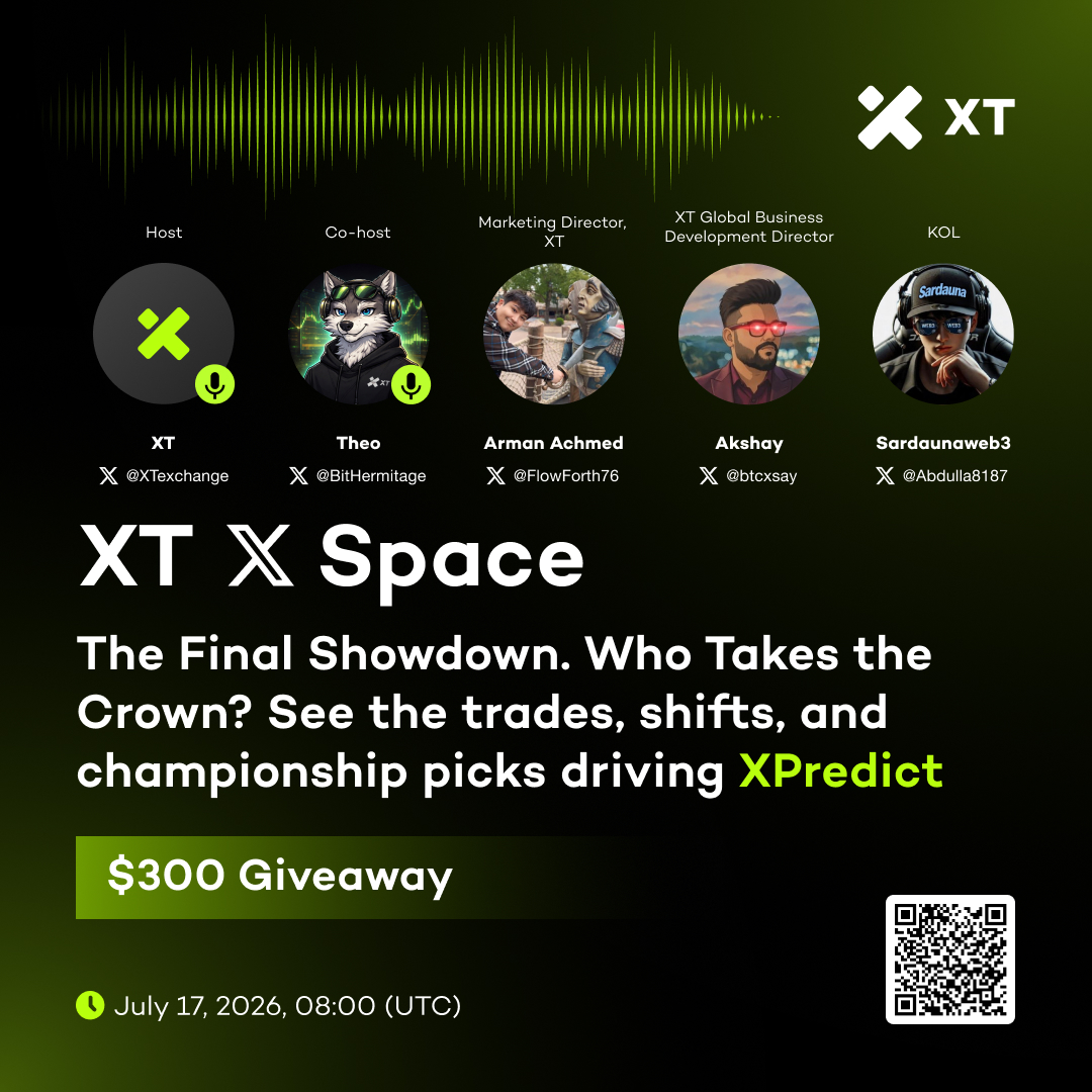 XTexchange's tweet photo. 🚀 XT X Space: The Final Showdown. Who Takes the Crown? See the trades, shifts, and championship picks driving #XPredict
📍 https://t.co/sFQhlk7CpH
🗓 July 17, 2026, 08:00 (UTC)

💰 $300 Giveaway:
✅ Follow @XTexchange
✅ Like & RT with hashtags #Football #Giveaway & Tag 3 friends
✅ Leave your questions & XT UID below!

🎙 Host: XT @XTexchange
🎙 Co-host: Theo @BitHermitage
🌟 Special Guests: Arman Achmed, XT Marketing Head @FlowForth76
Akshay, XT Global Business Development Director @btcxsay
Sardaunaweb3, KOL @Abdulla8187

Set your alarm and stay tuned! Let's talk together!
