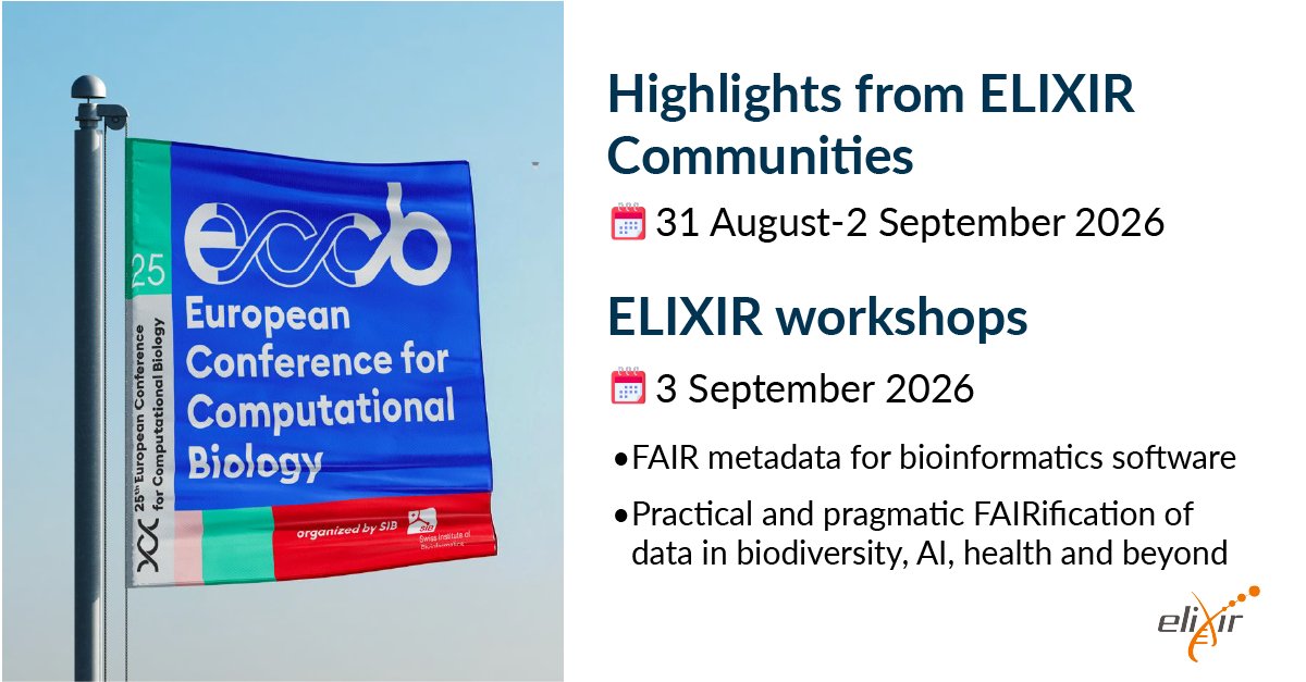 ELIXIREurope's tweet photo. 🇨🇭 From 31 August to 4 September, ELIXIR will be at #ECCB2026 in Geneva, Switzerland! Join the #ELIXIR track programme and workshops to find out about the highlights of ELIXIR Communities and #FAIR activities
More information 👉 https://t.co/SK1FWKuC0M https://t.co/gtF7shH5VI