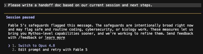 keithvertrees's tweet photo. @theo @DarioAmodei wont even let Fable write a handoff doc for a session working on extremely boring internal B2B SaaS tooling. https://t.co/UPtnbXeOn5