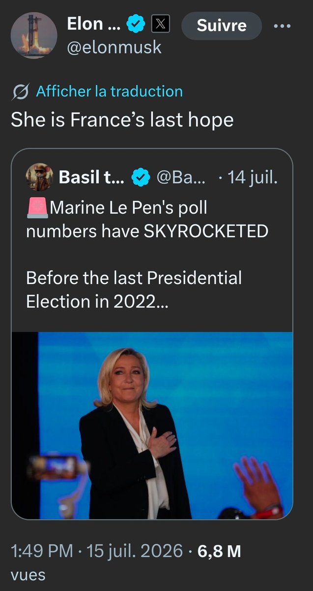 iamlouay's tweet photo. 🦅 Alles in Ordnung, Herr Musk ! Chers abonnés du Bunker, c’est avec une certaine fébrilité que je viens vous annoncer que le chancelier suprême 🇿🇦 de la tech vient d’afficher fièrement son soutien à Marine 🇨🇵 avec la ferveur des foules de Nuremberg.

Il ne fait plus aucun doute que Herr Musk confond la politique française avec ses vieux délires impérialistes du siècle dernier.

Bravo Elon, ton album Panini des années 30 est presque complet 🪖

#Musk #RN #LePen #MarineLepen #CapitaineFlam 😁