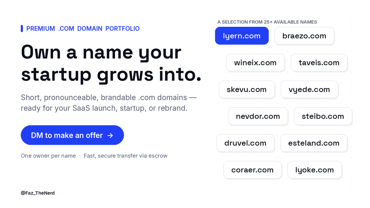 FazTheNerd's tweet photo. Founders: your product can pivot. Your name shouldn't have to.

I'm selling a portfolio of premium brandable .coms , the short, clean, "sounds like a real company" kind that are almost impossible to hand-register anymore.

Serious inquiries → DMs open. 
Fast transfer via escrow.